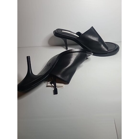 Zara Women's Black Leater Peep Toe Slip On Heel Sandals SZ 41/ US 10 - Picture 6 of 6